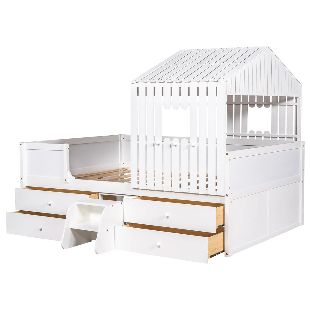 White Full Size Low Loft Bed with 4 Drawers M28242