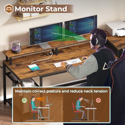 Rustic Brown Office Desk with Drawers and LED Lights S31914