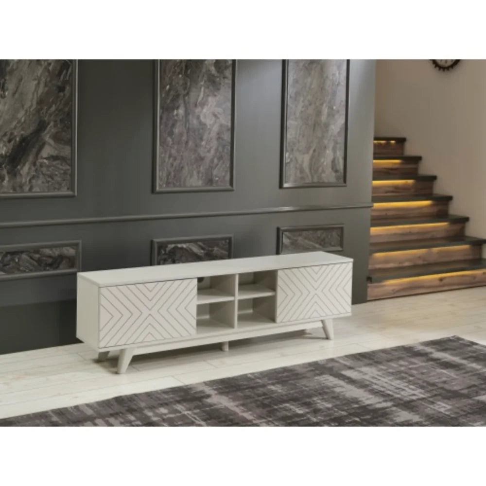 Mid Century Modern Tv Stand 2 Door Cabinet 4 Cubby Hole Shelves 67 inch Tv Unit, Grey F219
