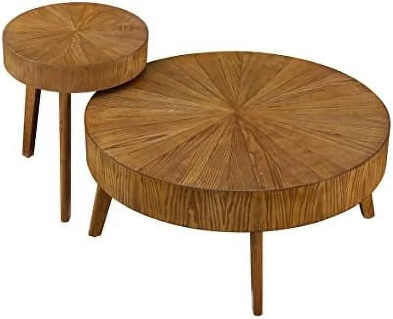 Set of 2 Round Solid Natural Oak Wood End Tables A4522