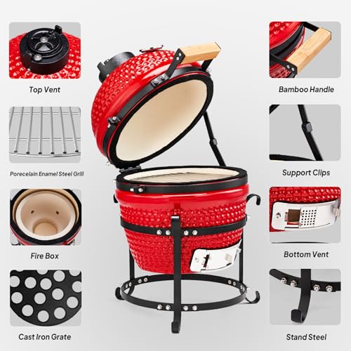13IN Red Ceramic Charcoal Grill with Inner Liner Z608