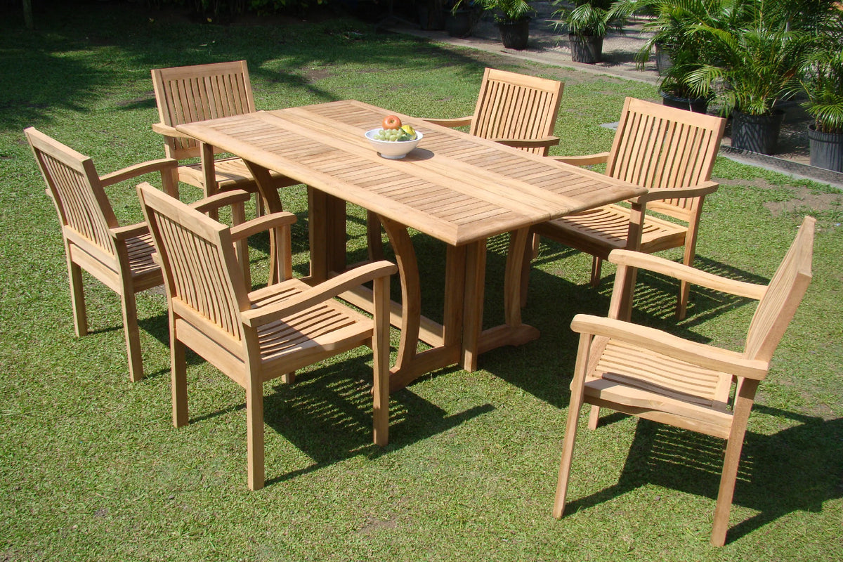 Teak 7 Pc Dining Set with Folding Table and 6 Stacking Arm Chairs C144