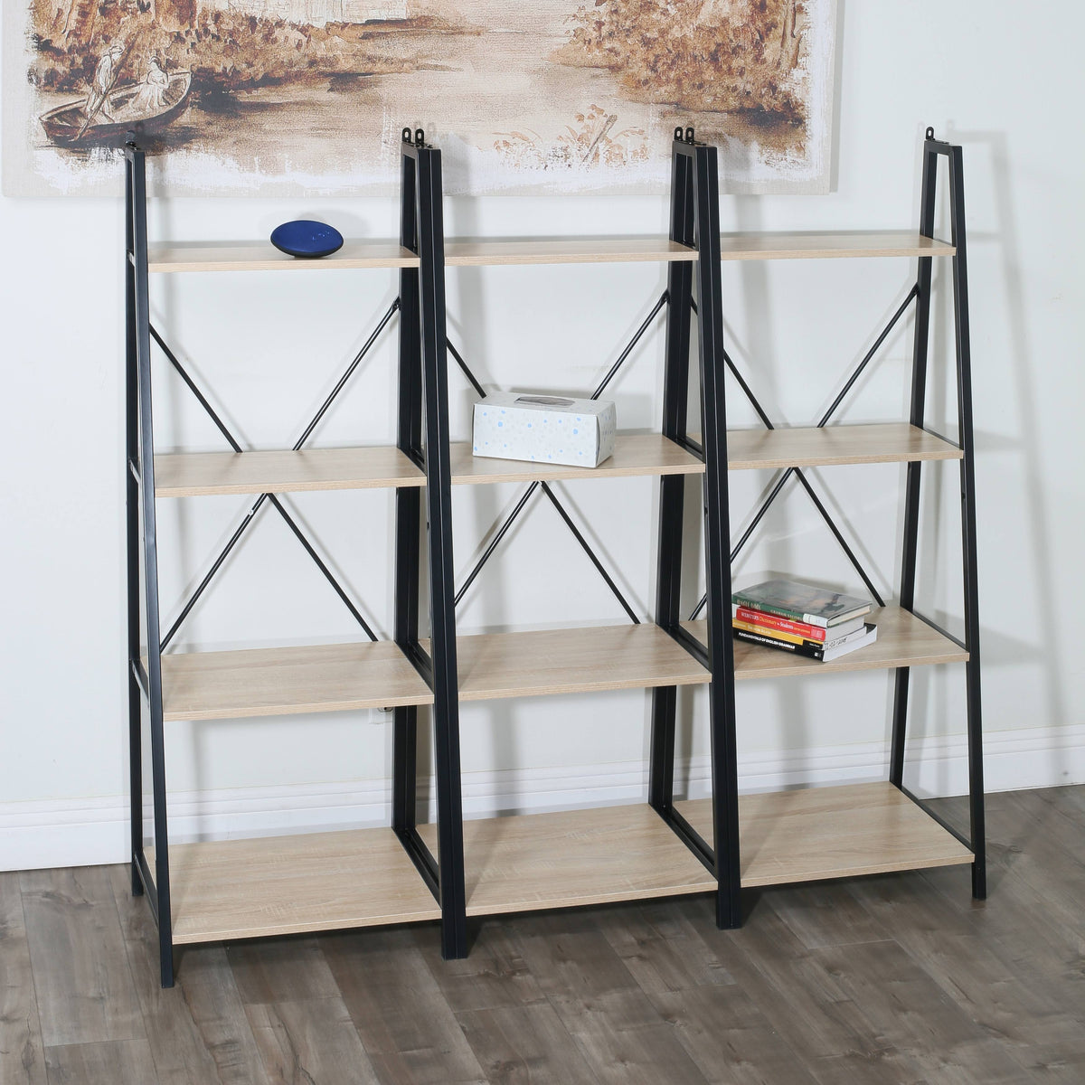 4-Tier Oak Ladder Bookshelf Metal Frame Brown I584840