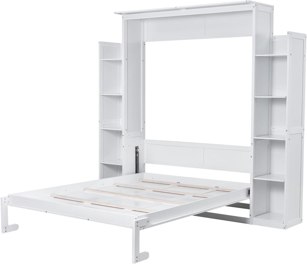 White Queen Size Wooden Murphy Bed with Shelves and LED Lights Q466