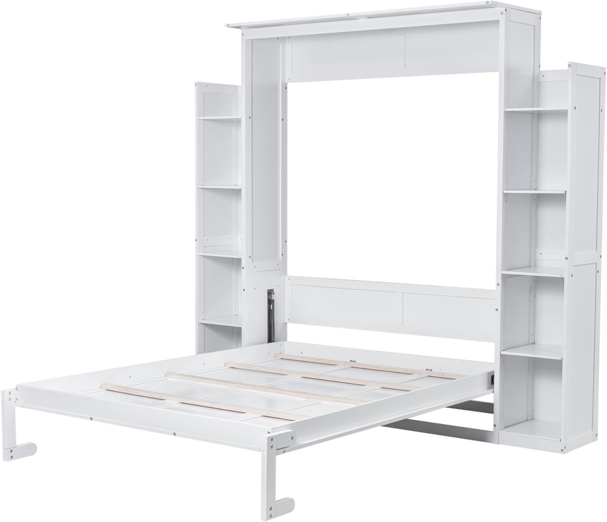White Queen Size Wooden Murphy Bed with Shelves and LED Lights Q466