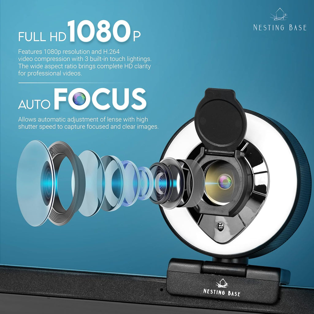 Webcam with Ring Light, Microphone, Privacy Cover, 1080p Auto Focus E32955