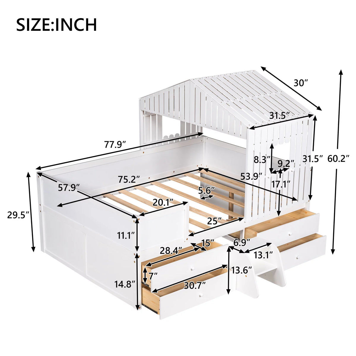 White Full Size Low Loft Bed with 4 Drawers M28242
