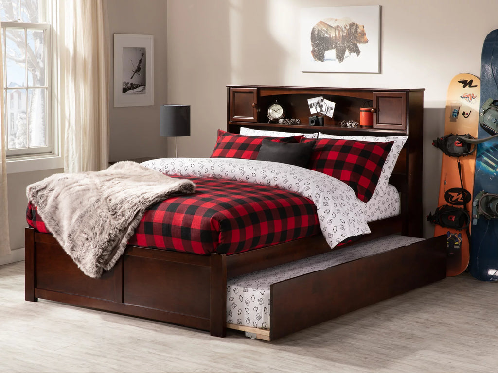 Full Solid Wood Platform Bed with Footboard & Trundle in Walnut H999616