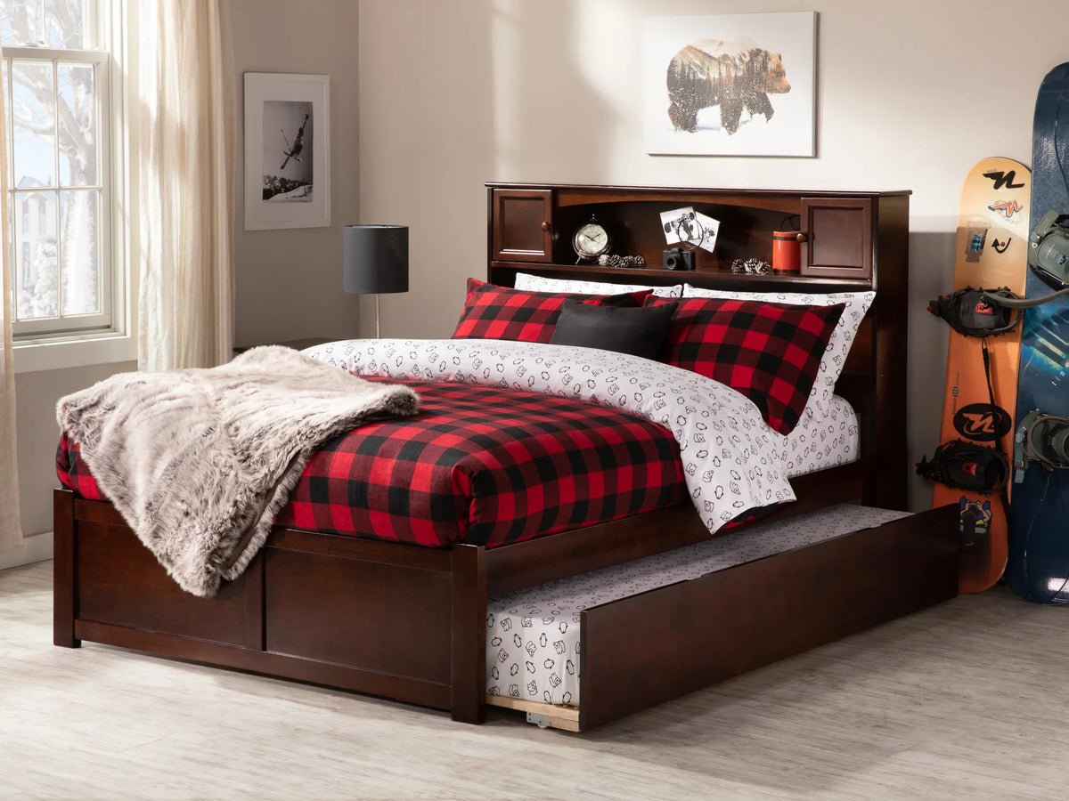 Full Solid Wood Platform Bed with Footboard & Trundle in Walnut H999616