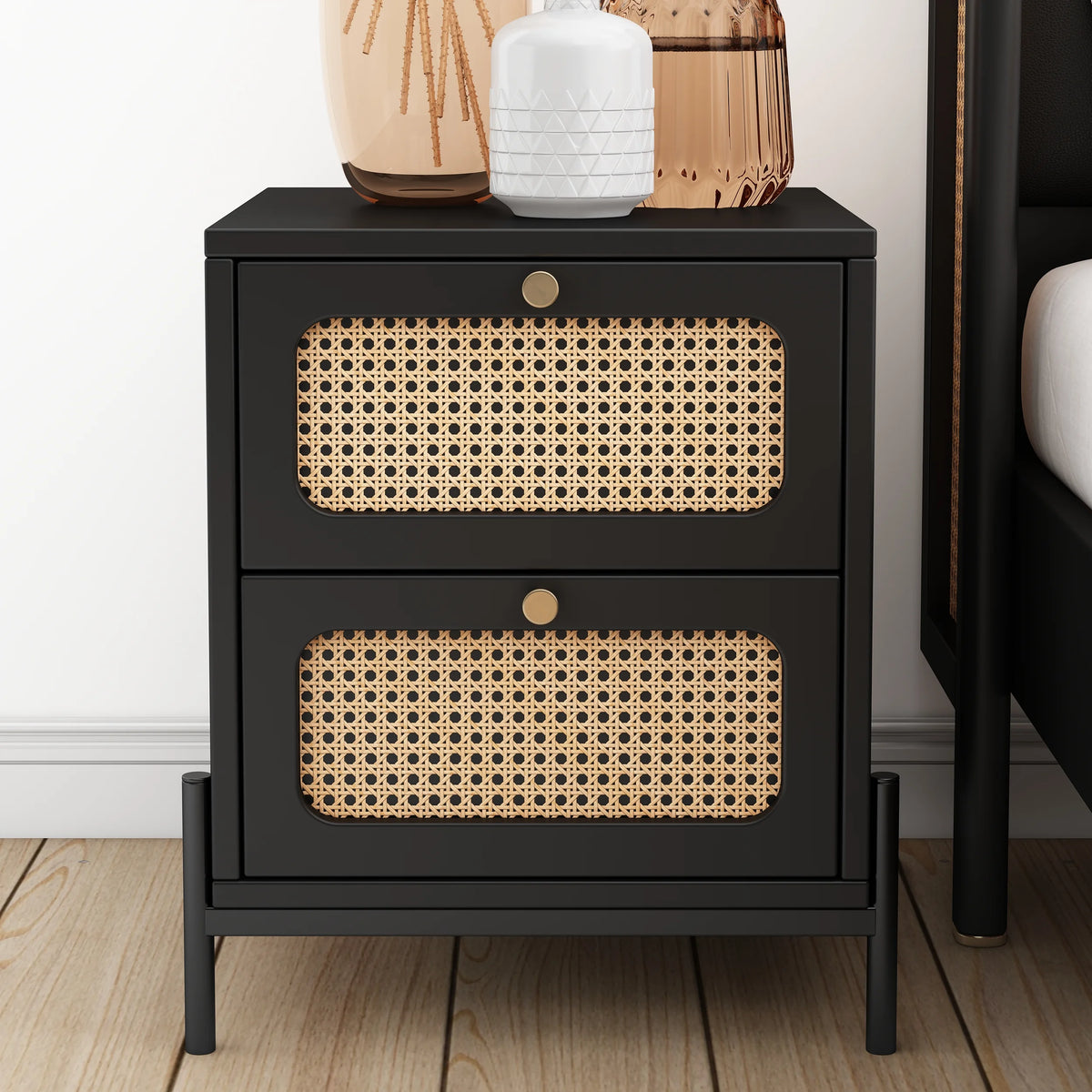 Black 2-Drawer Rattan Wood Side Table S461670