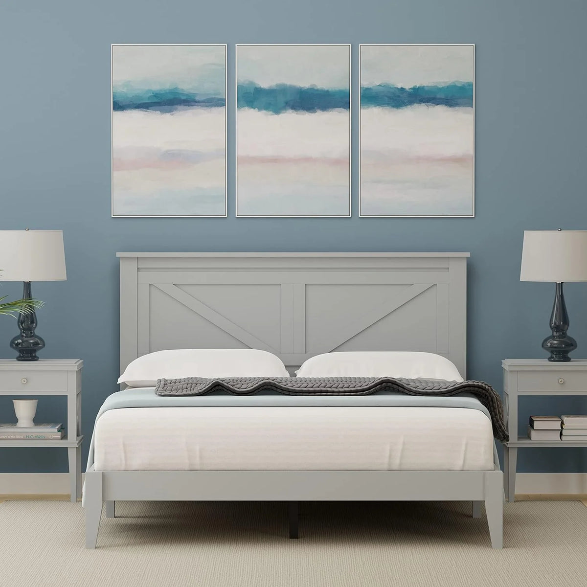 Solid Wood Platform Bed Queen Grey F528
