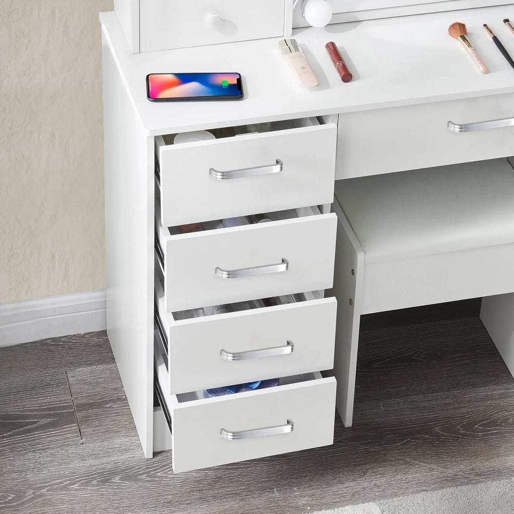 White Vanity Desk with LED Lighted Sliding Mirror and Stool T653275