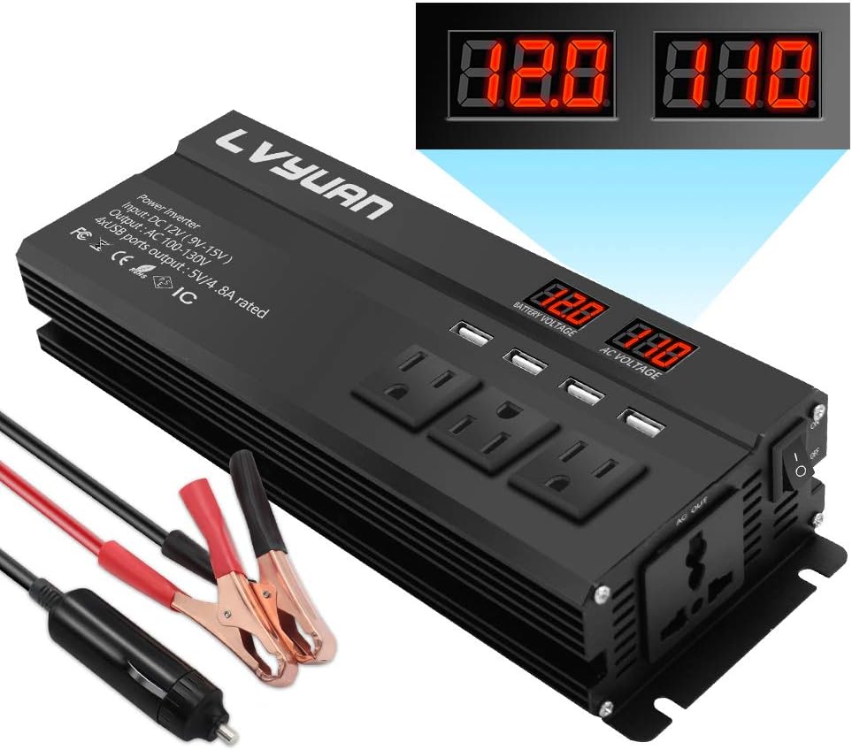 1000W Power Inverter DC 12V to 110V AC Car Power Converter with 4 AC Outlets 4 USB Port and Cigarette Lighter Pack of 2 H4622