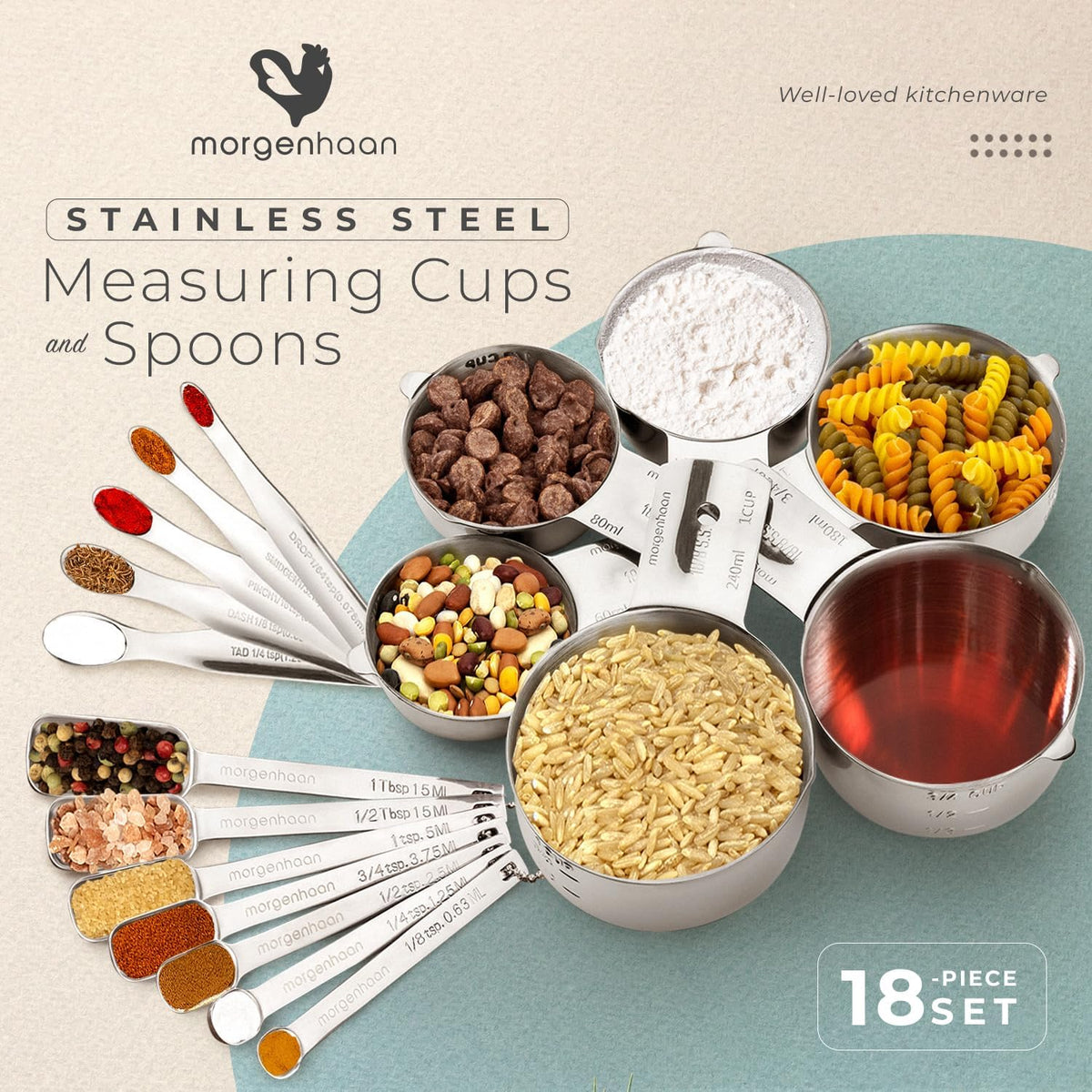 18-Piece Stainless Steel Measuring Cups and Spoons Set A49695