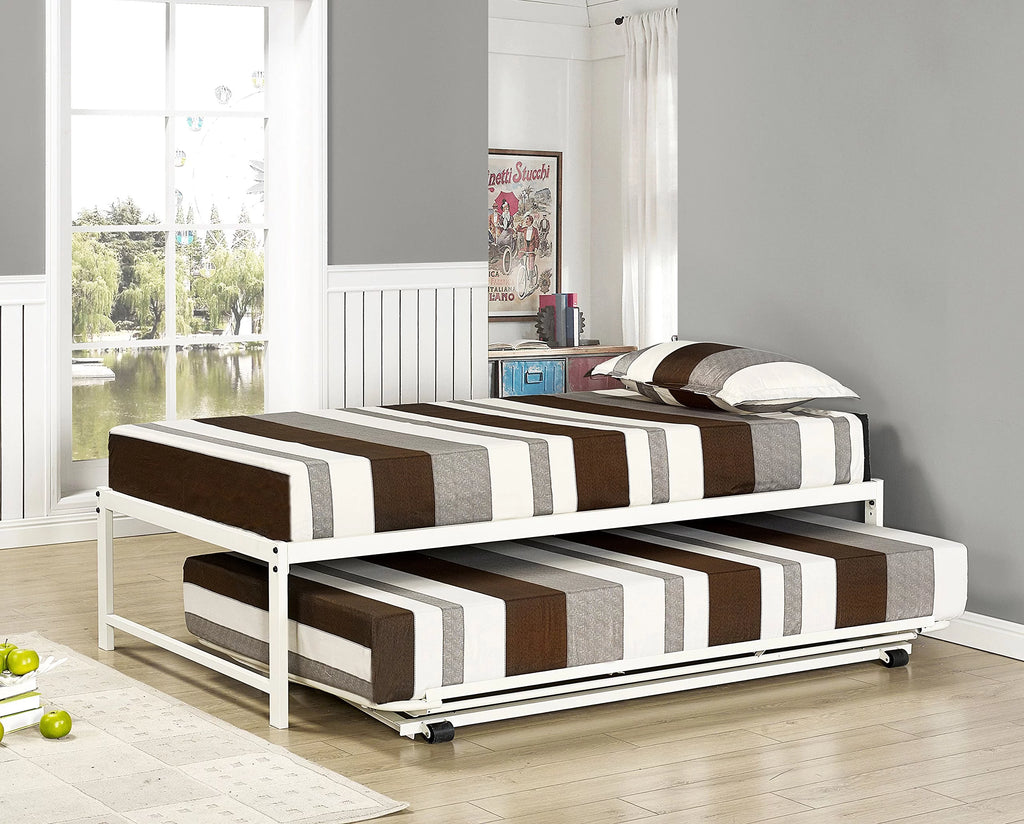 Twin Size White Metal Platform Bed with Pop-up Trundle W48923