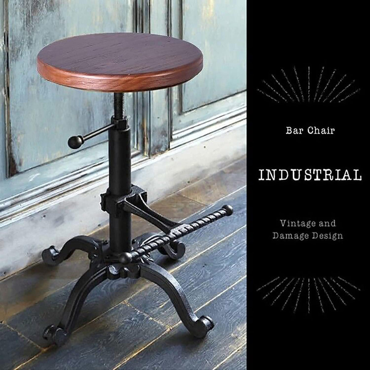 Rustic Swivel Adjustable 22-26 Bar Stool Cast Iron Wooden Brown Z246