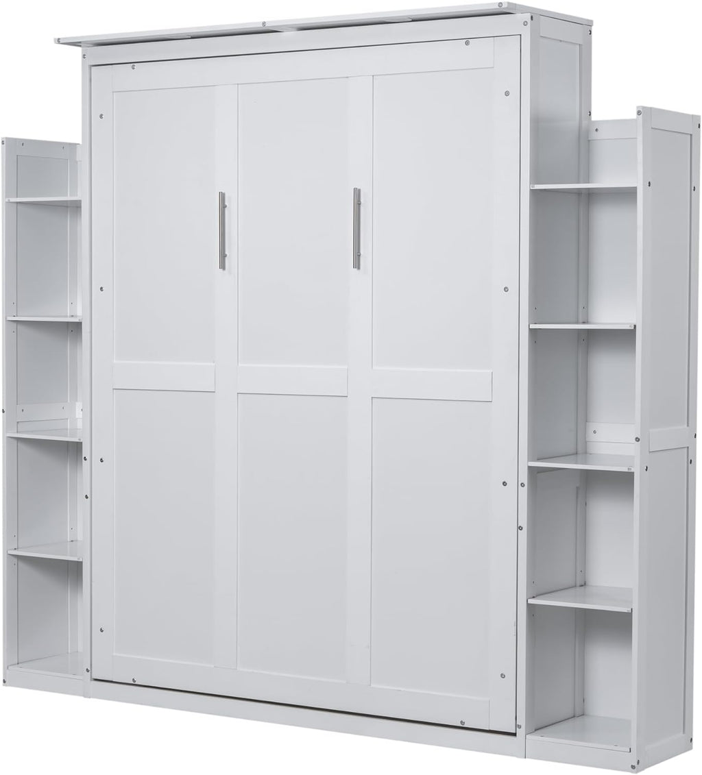 White Queen Size Wooden Murphy Bed with Shelves and LED Lights Q466