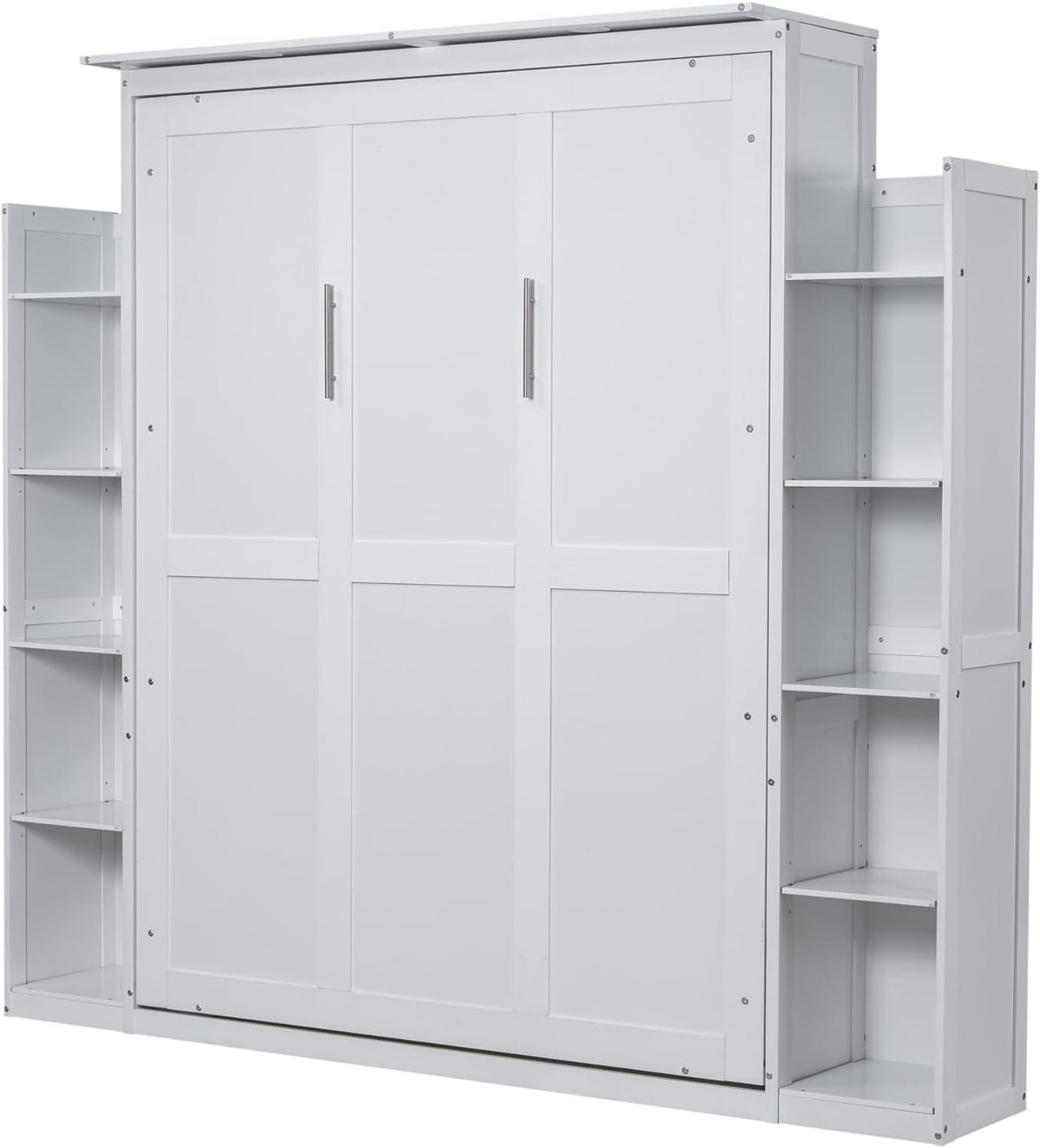 White Queen Size Wooden Murphy Bed with Shelves and LED Lights Q466