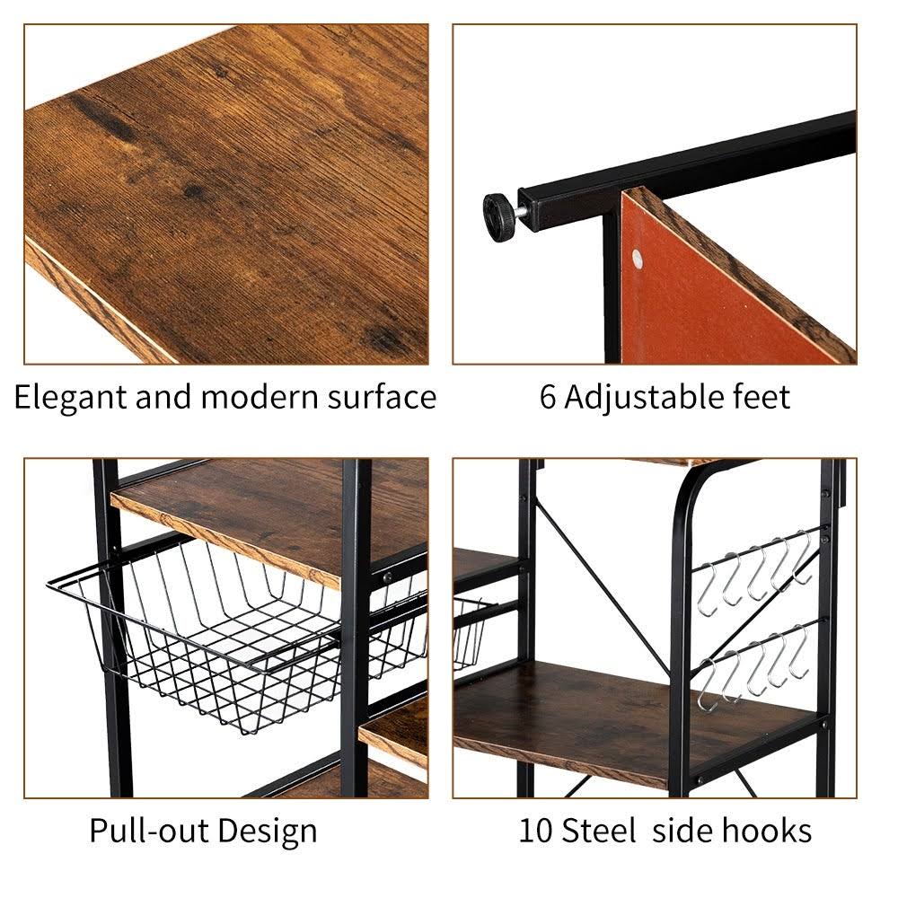 4-Tier Kitchen Baker's Rack Storage Shelf with 10 Hooks Deep Brown N273