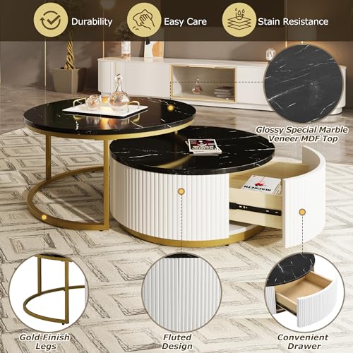 White Gold Round Nesting Coffee Table with Drawer F12299