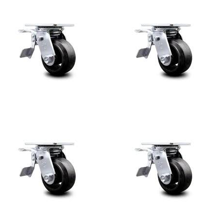 4 inch Rubber on Steel Caster Set with Ball Bearing and Total Lock Brake N68840