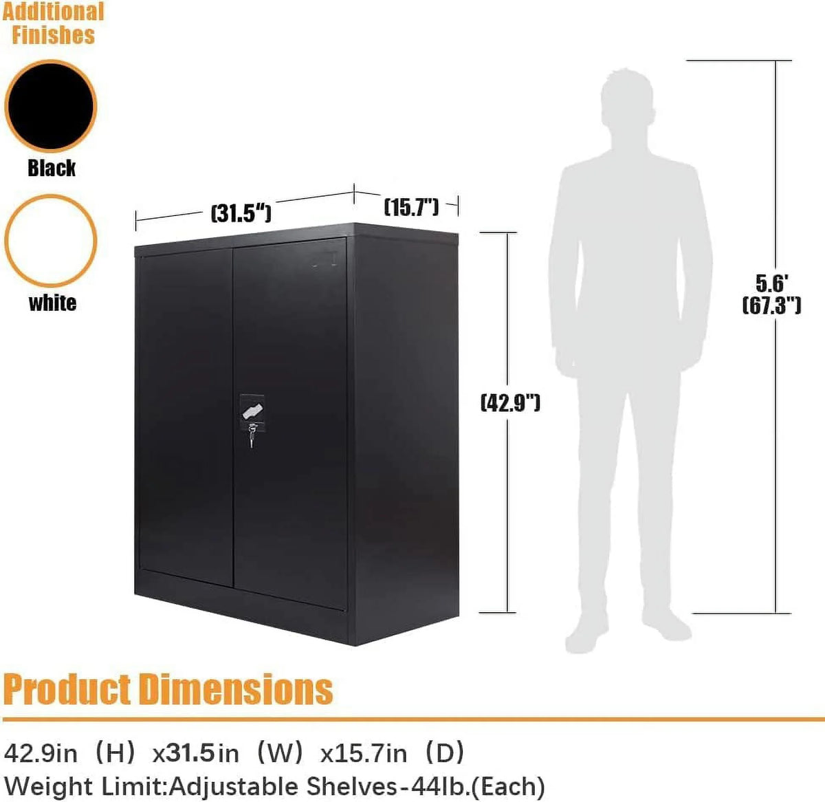 42-Inch Black Lockable Metal Storage Cabinet with Doors & 2 Adjustable Shelves W462