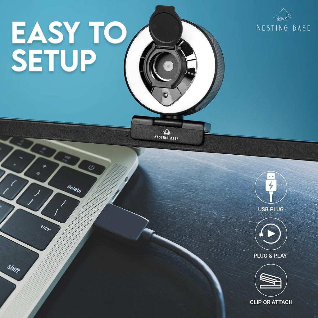 Webcam with Ring Light, Microphone, Privacy Cover, 1080p Auto Focus E32955