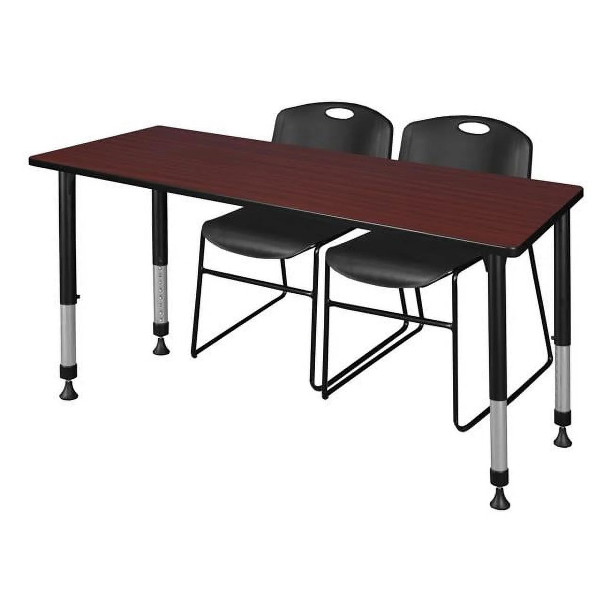60 x 30 in. Mahogany Height Adjustable Classroom Table & 2 in. Black Stack Chairs L132220