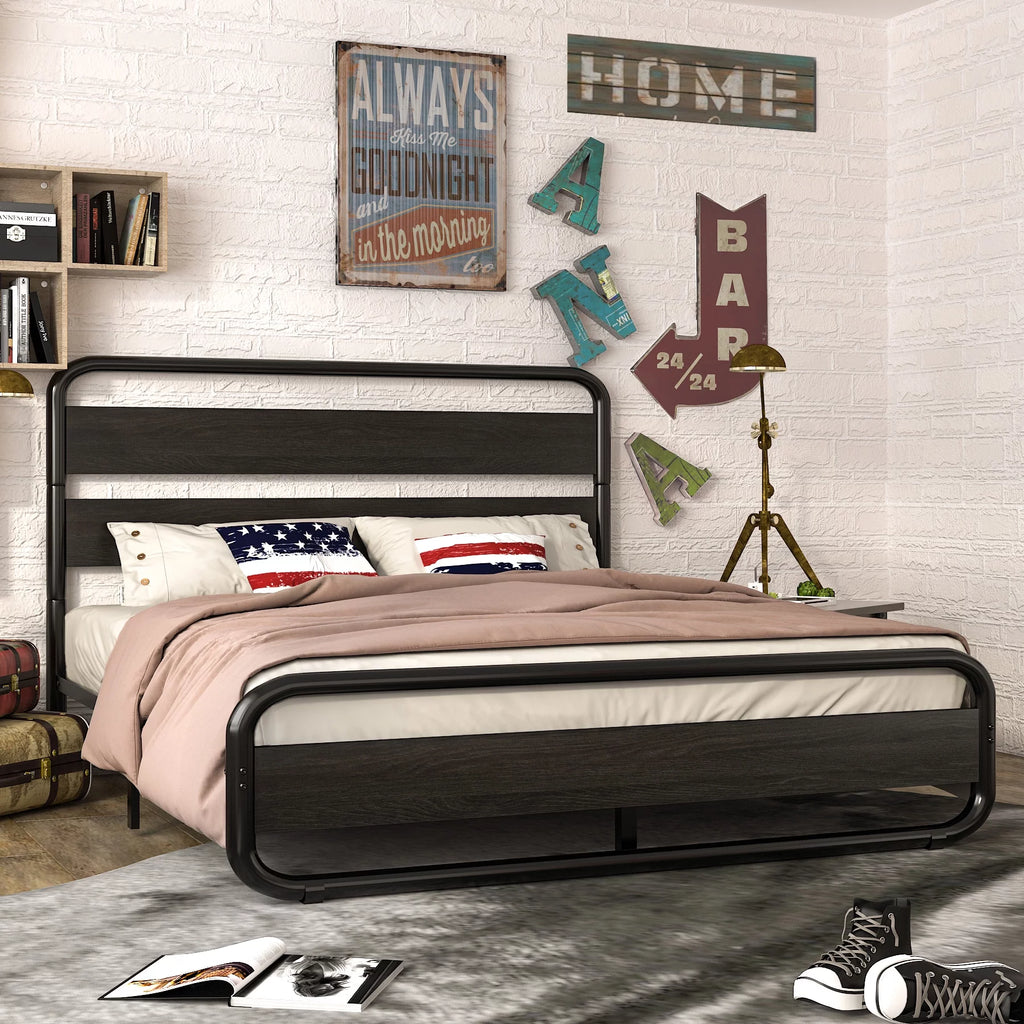 Full Size Metal Platform Bed Frame with Wooden Headboard & Footboard, Black E354