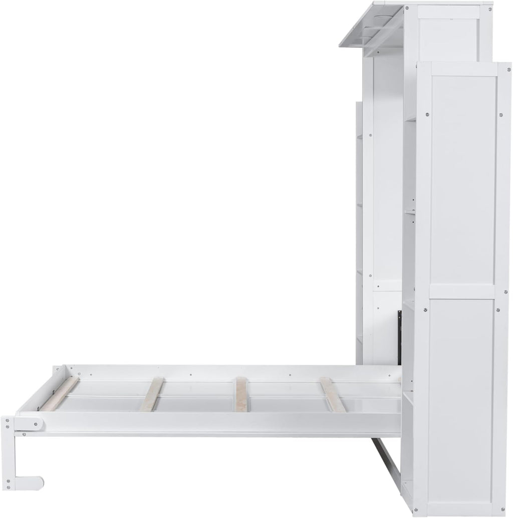 White Queen Size Wooden Murphy Bed with Shelves and LED Lights Q466