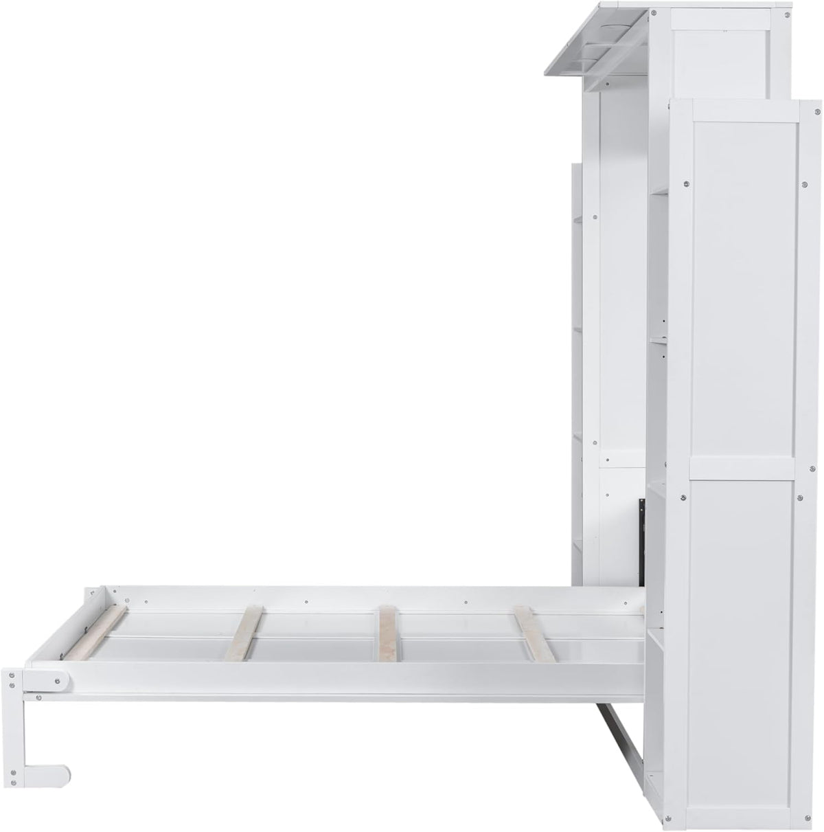 White Queen Size Wooden Murphy Bed with Shelves and LED Lights Q466