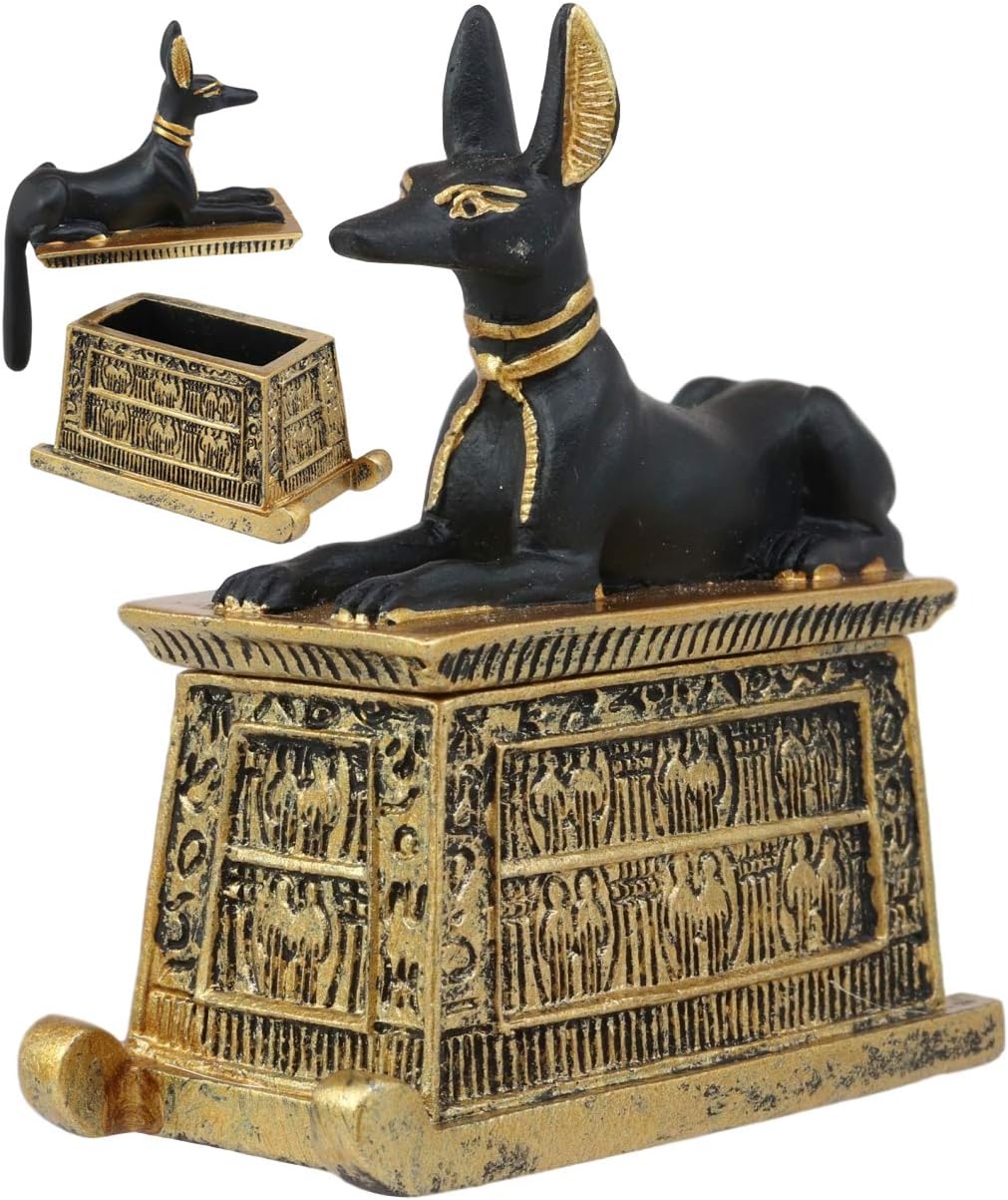 Black And Gold Finish Anubis Dog Cartouche Box Figurine I608