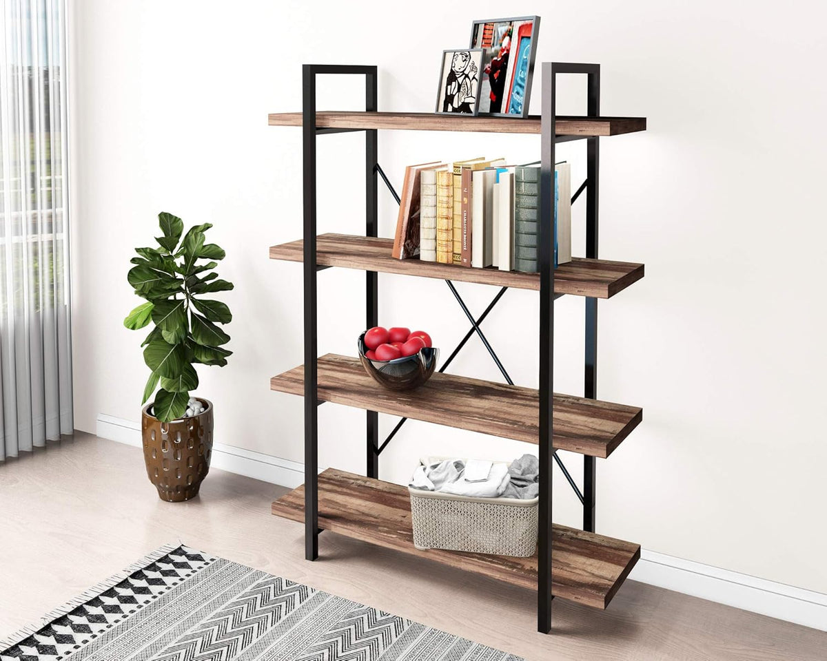 Vintage Brown 4-Tier Metal and Wood Bookshelf K4290