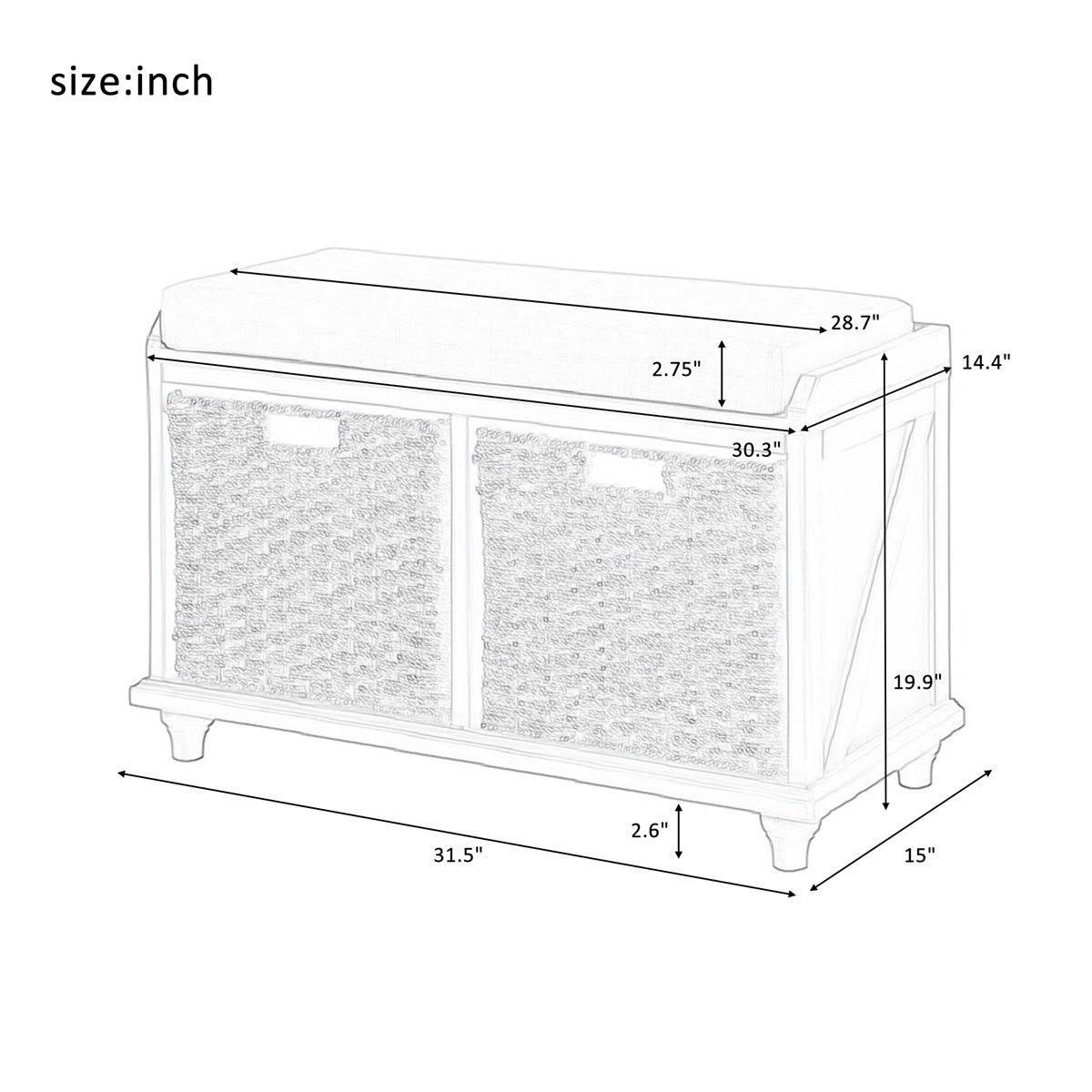 White Wood Storage Bench with 2 Woven Baskets F27569