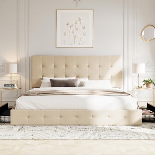 Light Grey Queen Size Platform Bed Frame with 4 Storage Drawers L24268