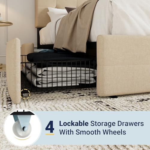 Light Grey Queen Size Platform Bed Frame with 4 Storage Drawers L24268