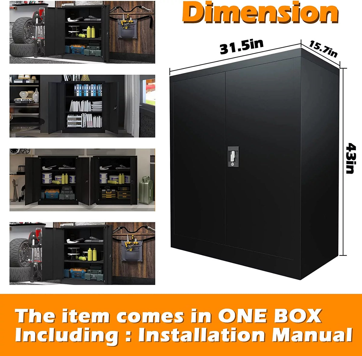 42-Inch Black Lockable Metal Storage Cabinet with Doors & 2 Adjustable Shelves W462