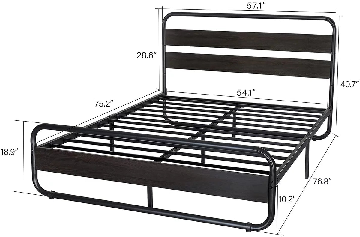 Full Size Metal Platform Bed Frame with Wooden Headboard & Footboard, Black E354