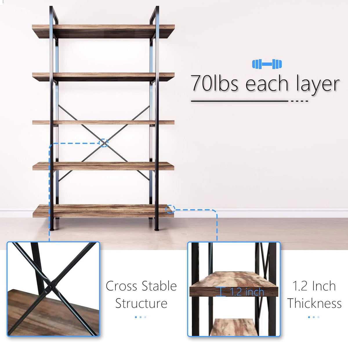 Vintage Brown 4-Tier Metal and Wood Bookshelf K4290