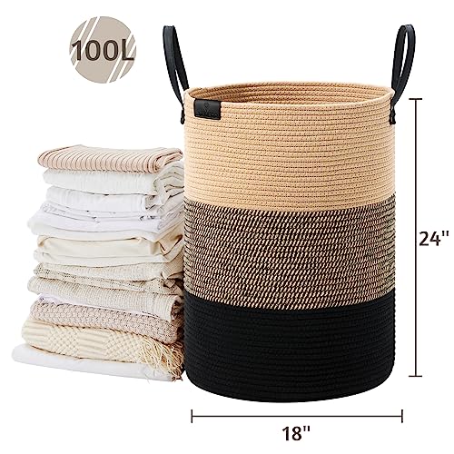 Small Laundry Basket with Leather Handle, Woven Rope Storage Basket, 30L Brown & White Y9487