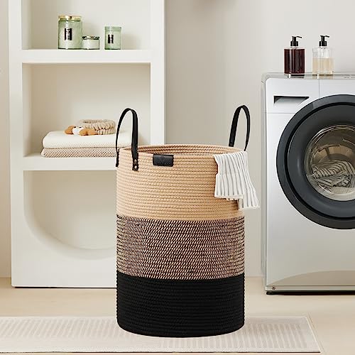 Small Laundry Basket with Leather Handle, Woven Rope Storage Basket, 30L Brown & White Y9487