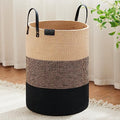 Small Laundry Basket with Leather Handle, Woven Rope Storage Basket, 30L Brown & White Y9487