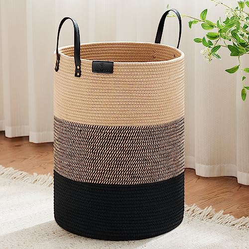 Small Laundry Basket with Leather Handle, Woven Rope Storage Basket, 30L Brown & White Y9487