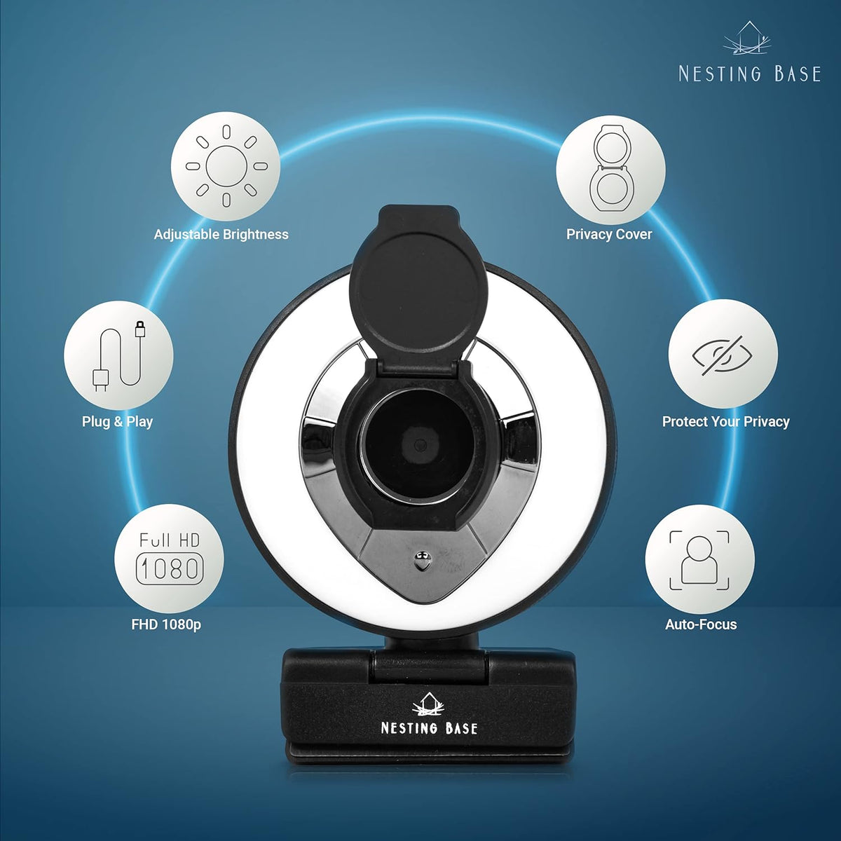 Webcam with Ring Light, Microphone, Privacy Cover, 1080p Auto Focus E32955