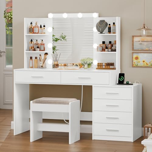 Large White Vanity Desk with Lighted Mirror and Power Outlet P130
