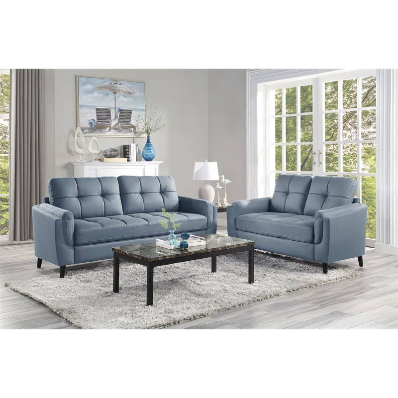 Blue and Black Microfiber Tufted Loveseat A11392