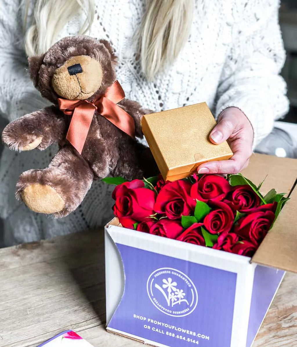 Two Dozen Long Stem Red Roses with Chocolates & Bear Y71256