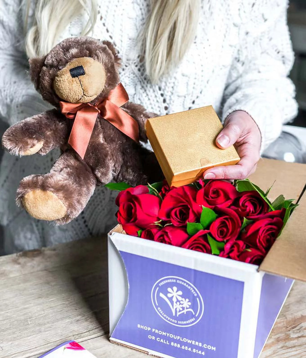 Two Dozen Long Stem Red Roses with Chocolates & Bear Y71256
