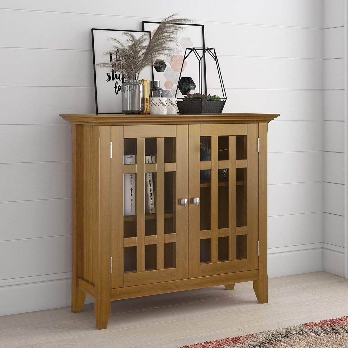 Farmhouse Grey Solid Wood Media Cabinet with 2 Tempered Glass Doors I61364