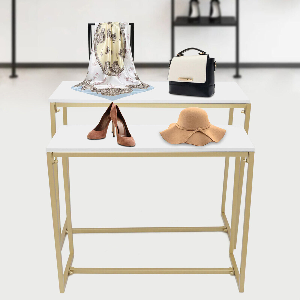 Gold Metal Nesting Tables Display Stand 2 Piece Set W60974